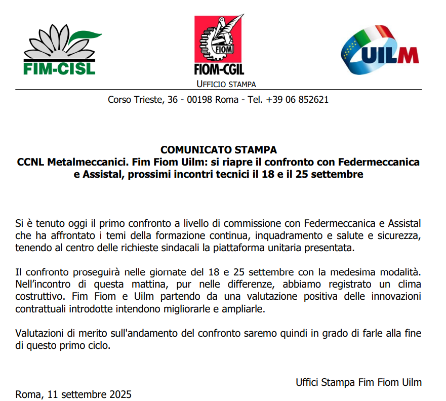 comunicato stampa rinnovo ccnl metalmeccanici